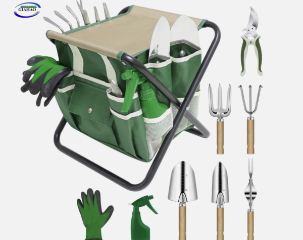 GIAHAO Garden Tool Set, 10 Piece Kit with Heavy Duty Folding Stool, Detachable Storage