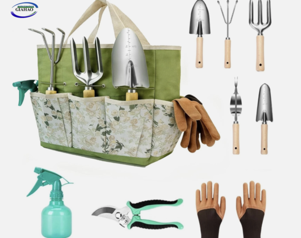 GIAHAO Garden Tool Set 9 Pcs Stainless Steel Heavy Duty Tools with Green Carry Bag